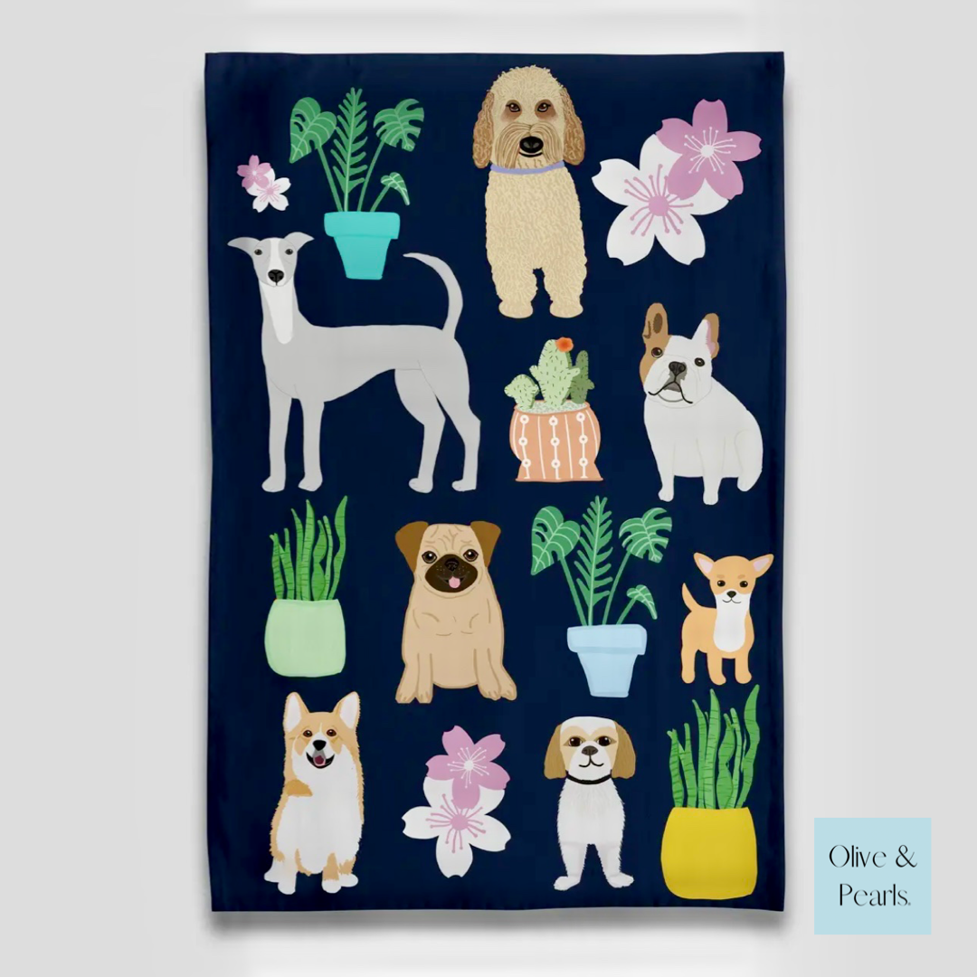 Dogs with Plants Tea Towel