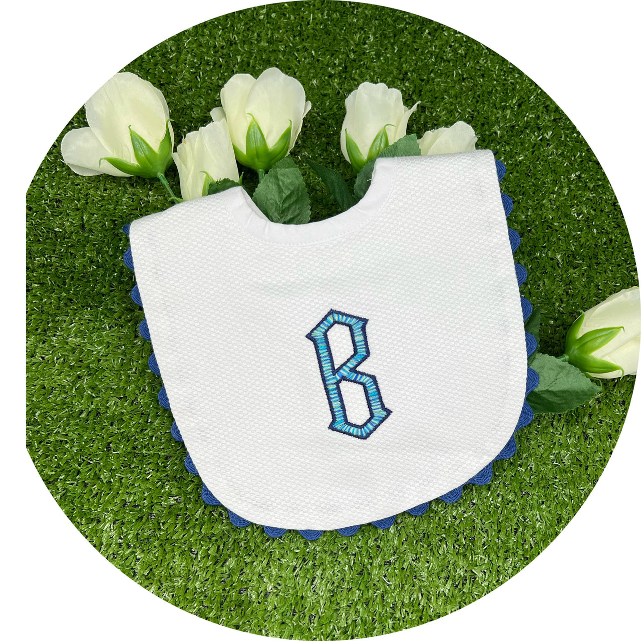 White Cotton Pique Baby Bib with Navy Trim