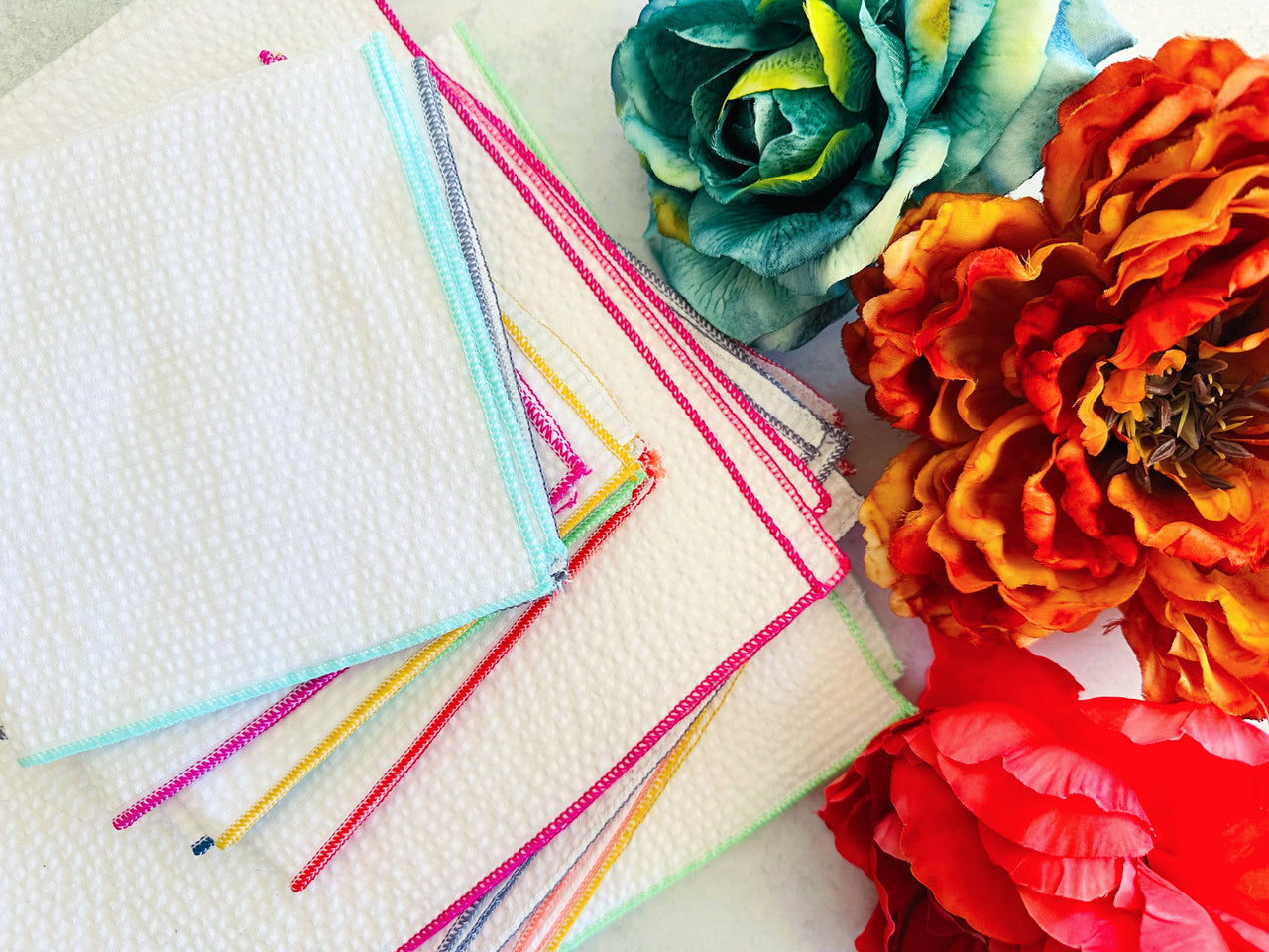 White Seersucker Napkins with Rainbow Edging