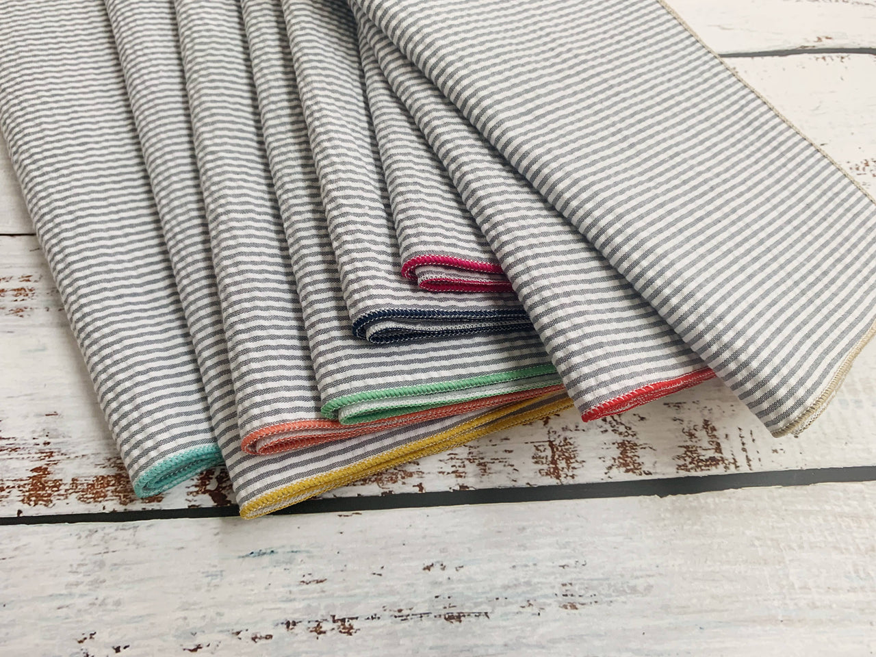 Grey Seersucker Cloth Napkins with Colorful Edges