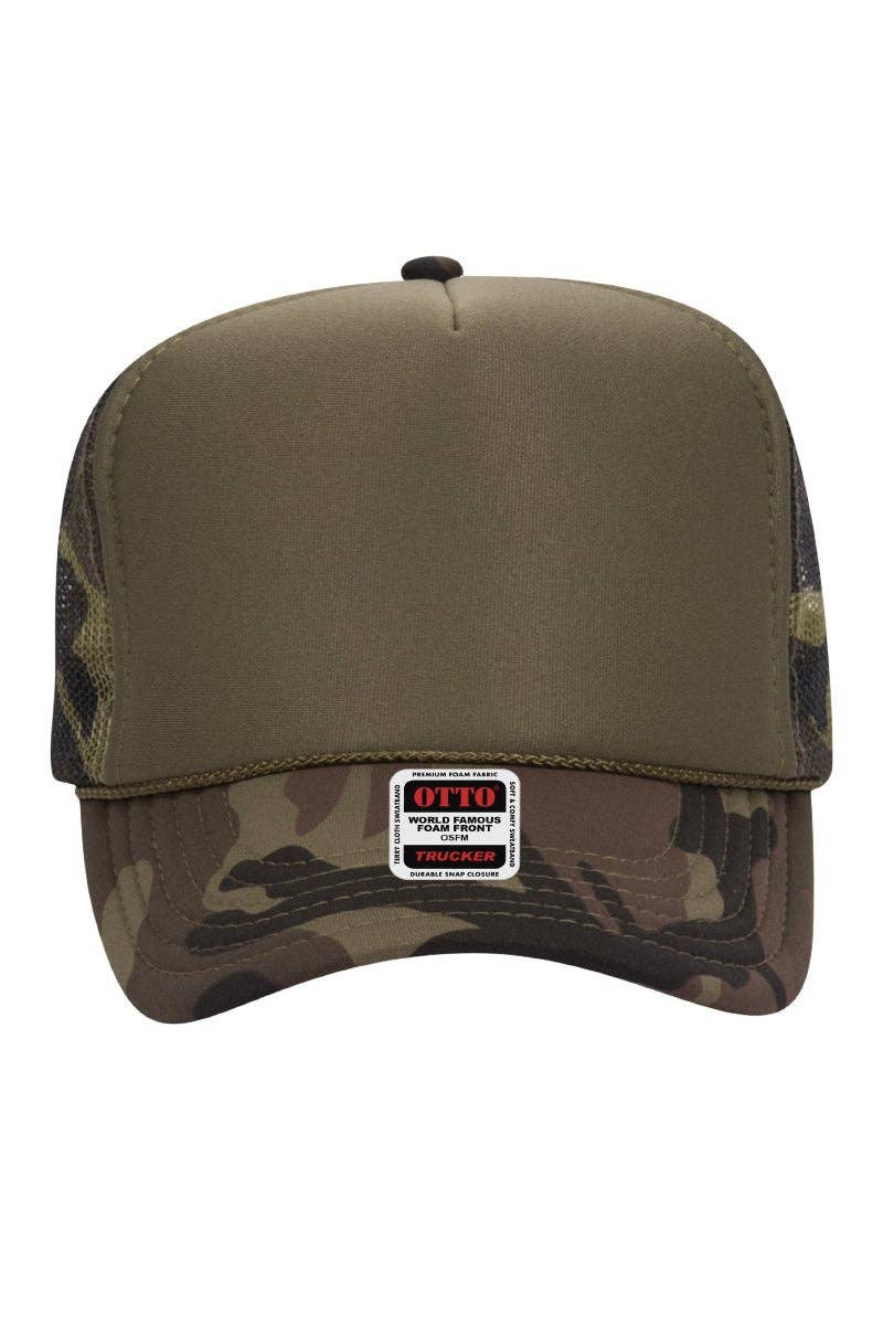 OTTO Camo with Olive Green Foam Front High Crown Trucker Hat