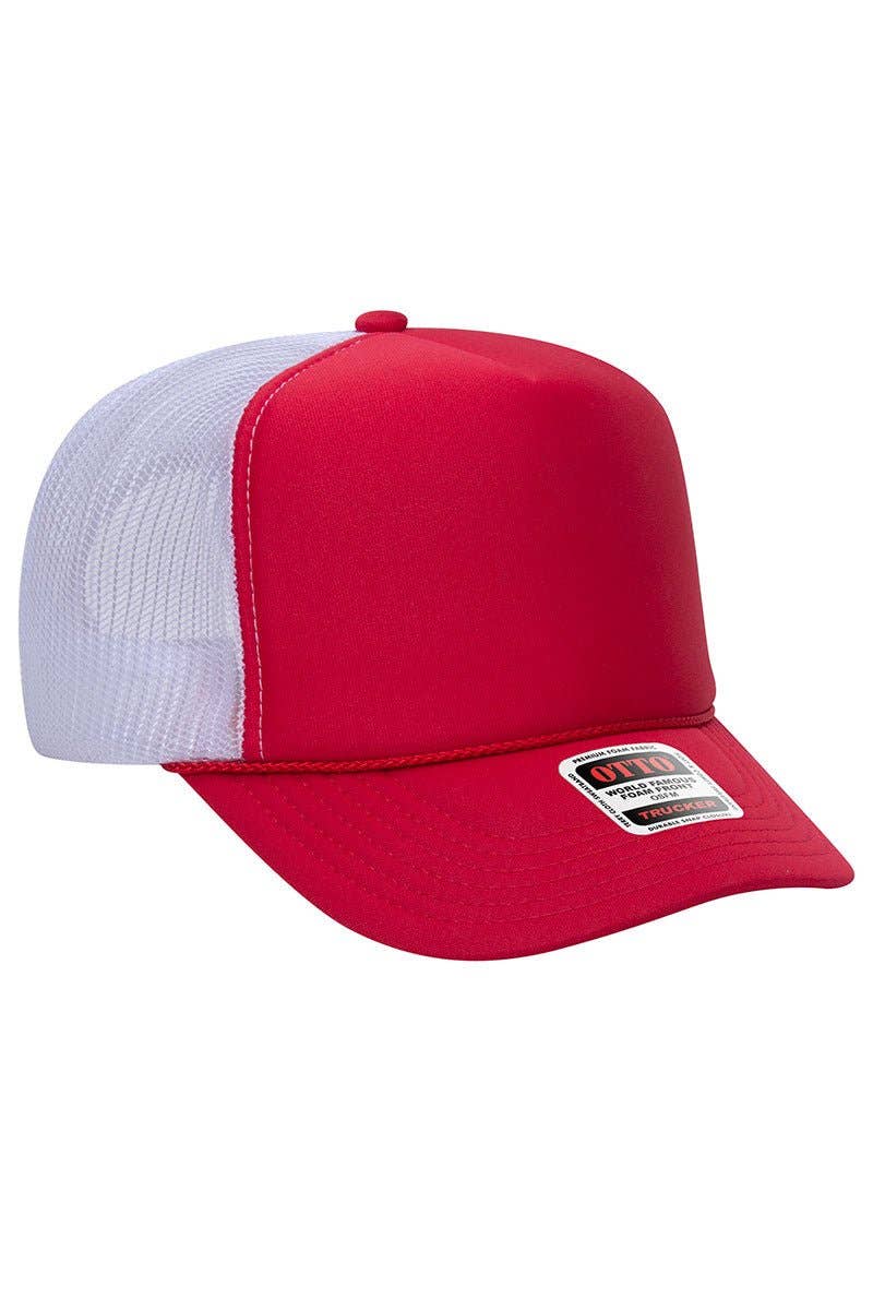 OTTO Red and White Foam Front High Crown Back Split Color Trucker Hat