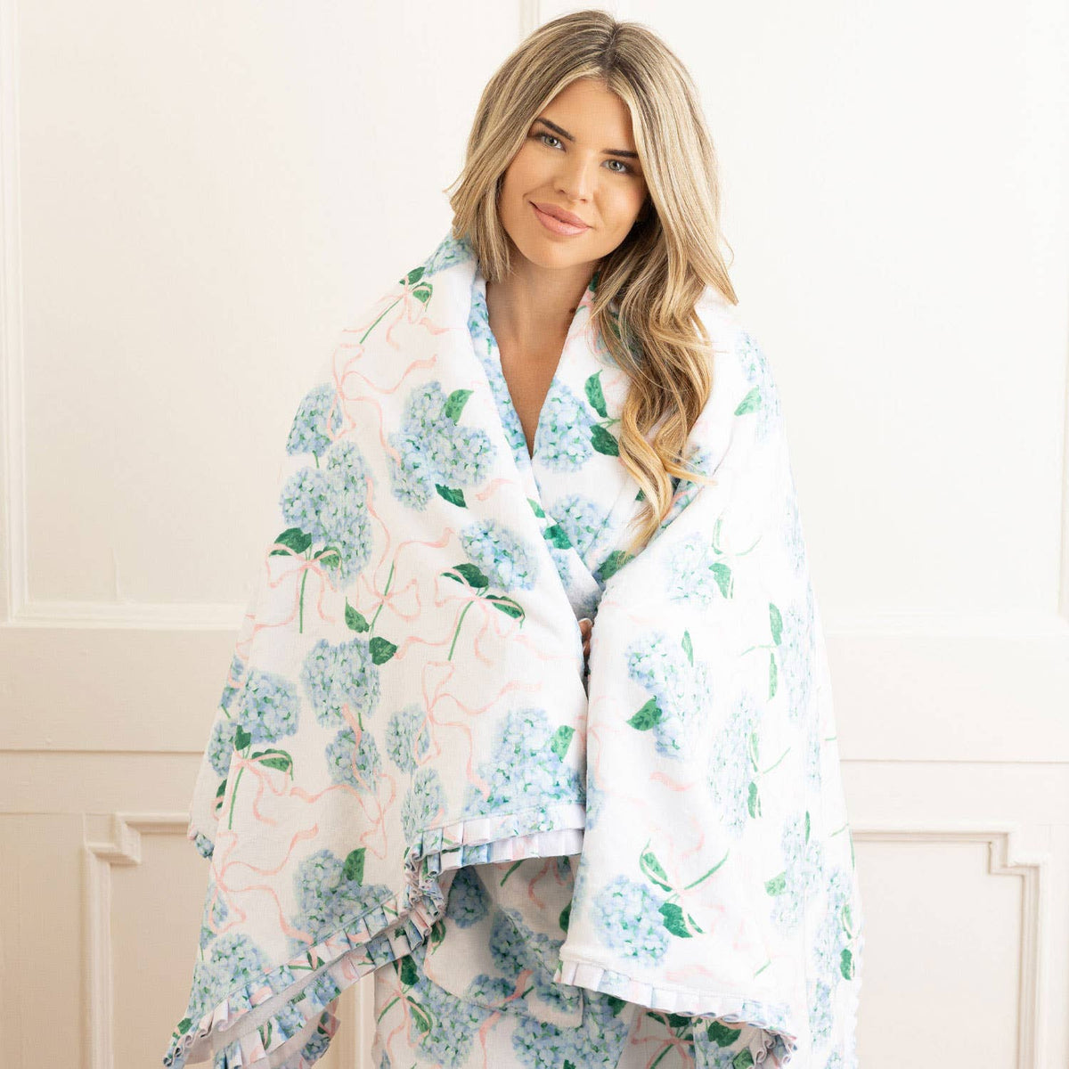 Throw Blanket, Hydrangea Ribbons Print, 56 x 60 Inch