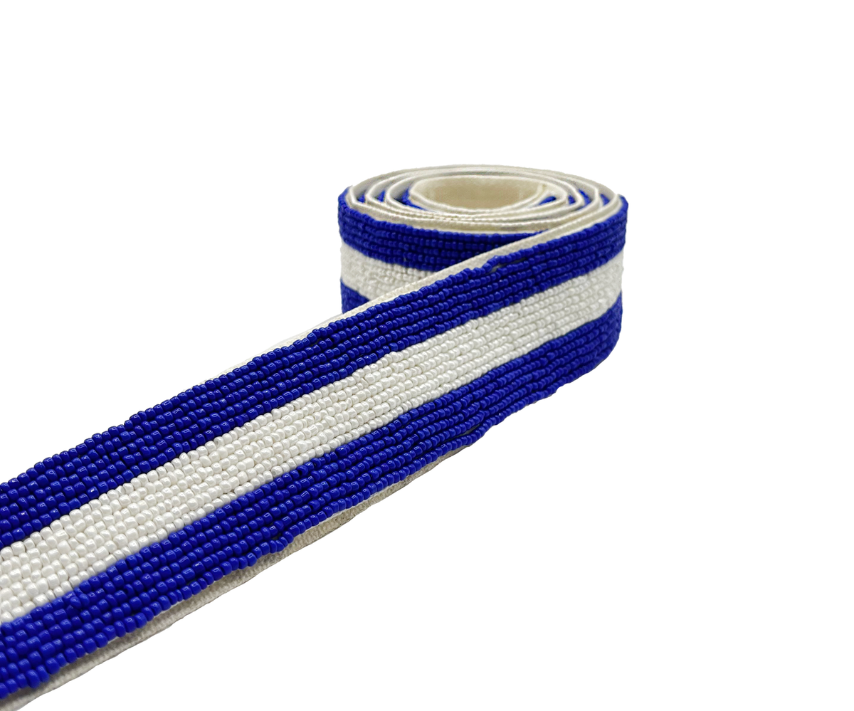 BLUE AND WHITE BEADED BAG STRAP