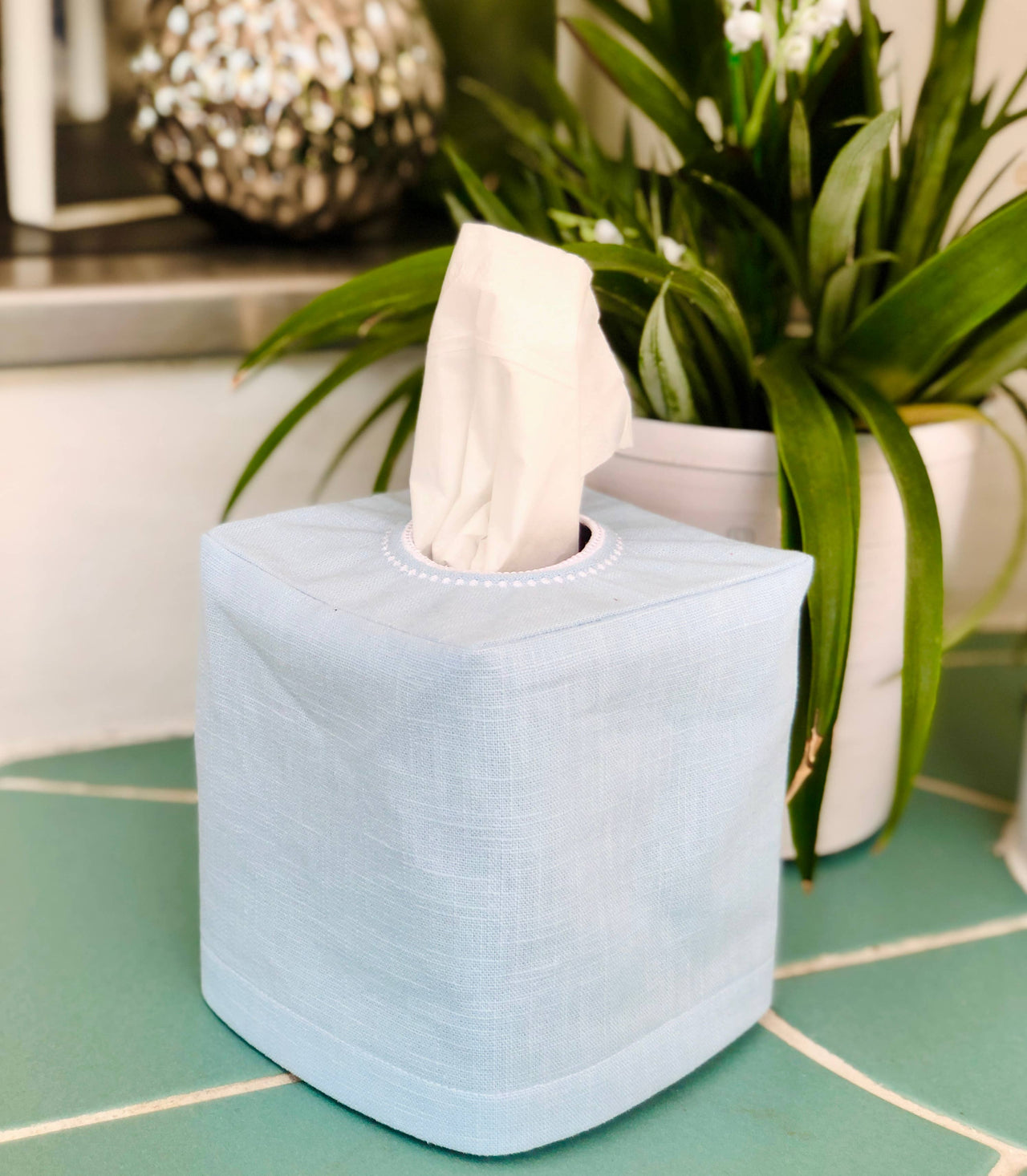 Light Blue Linen Tissue Box Cover with Applique Monogram
