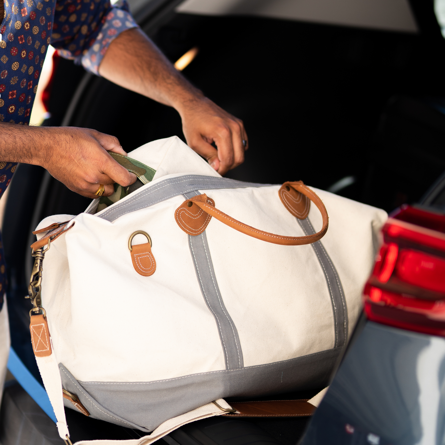 Weekender Large Canvas Travel Duffel with Leather Trim