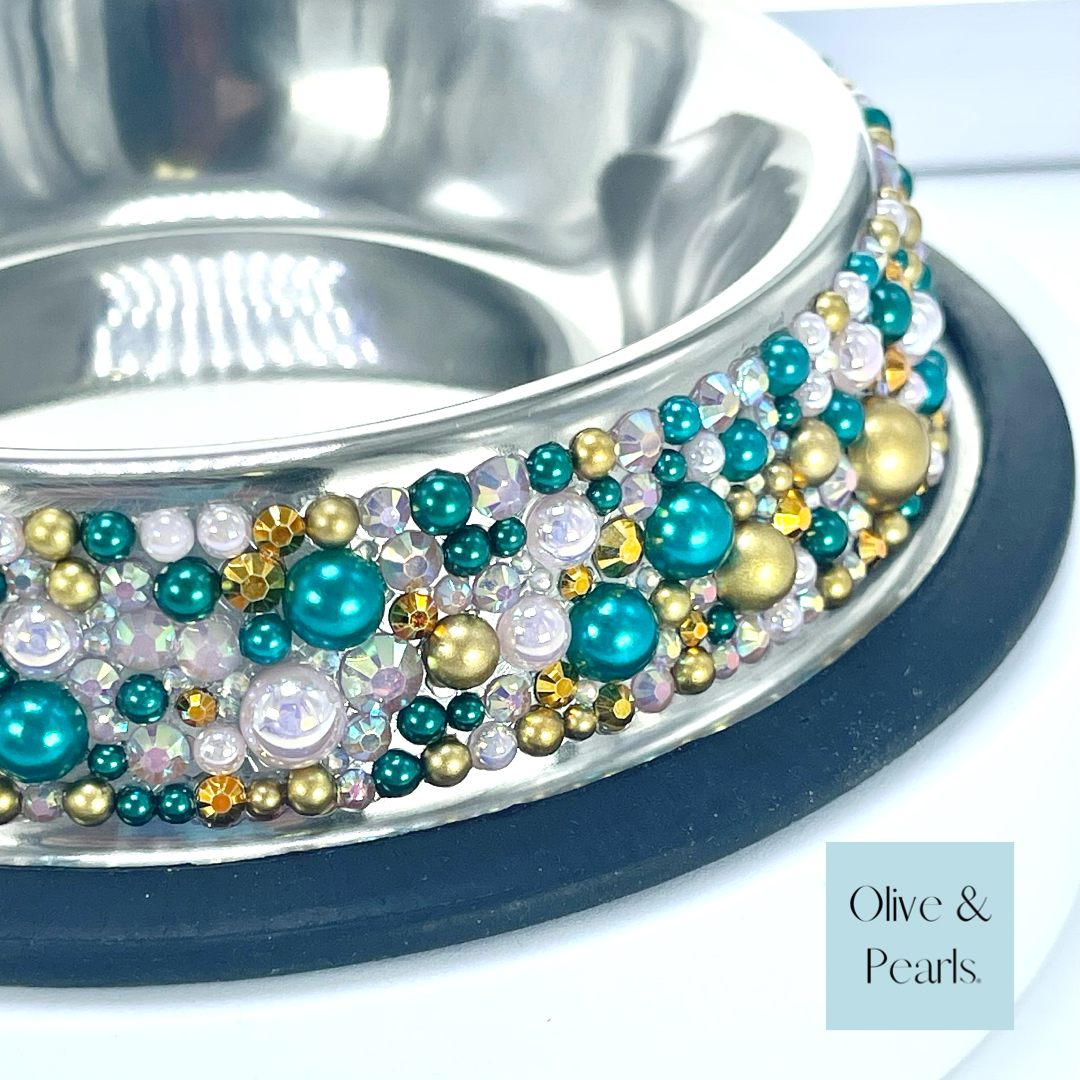 Pearl and Rhinestone Embellished Pet Bowls in Siren