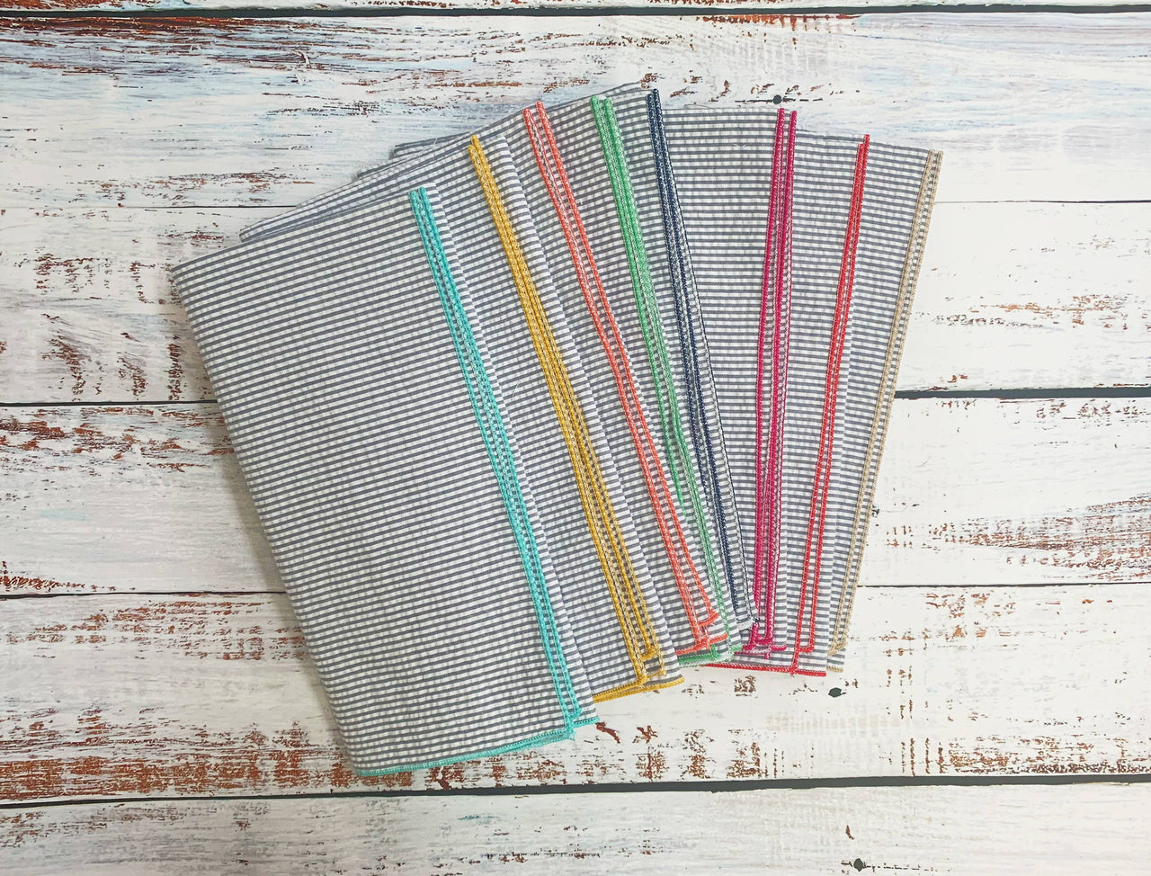 Grey Seersucker Cloth Napkins with Colorful Edges