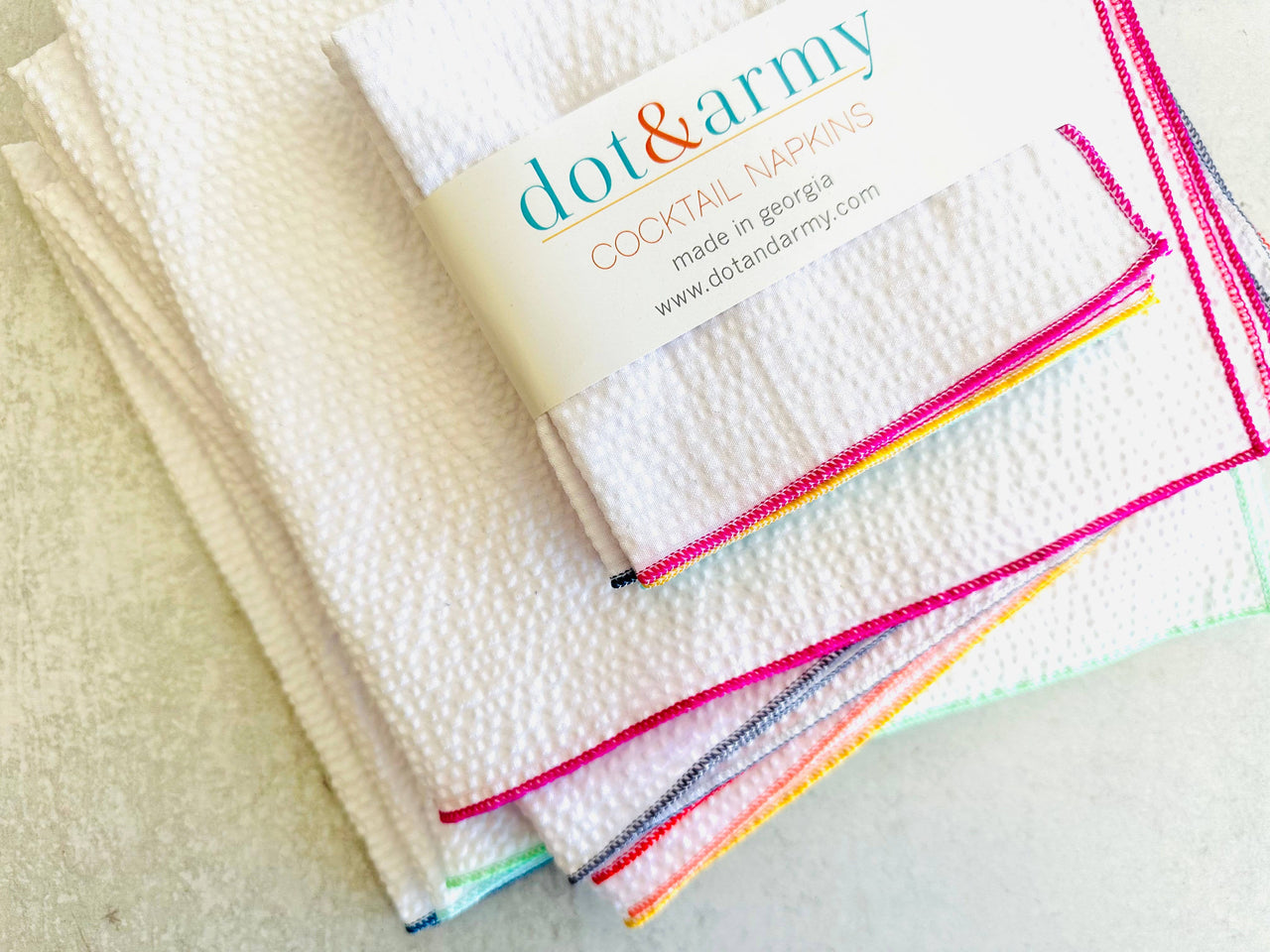 White Seersucker Napkins with Rainbow Edging