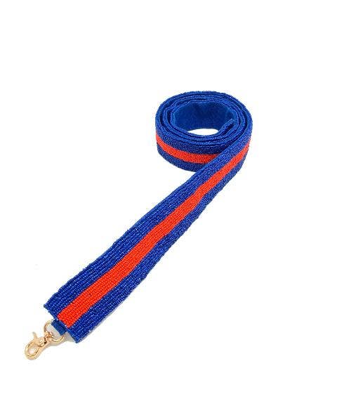 BLUE AND RED STRIPED BEADED BAG STRAP