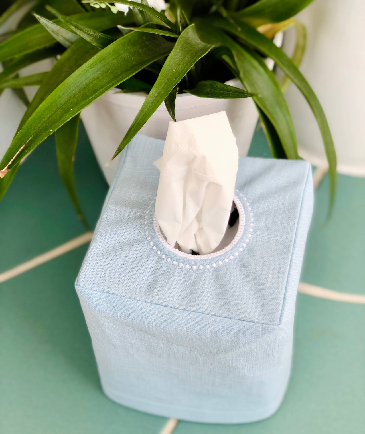 Light Blue Linen Tissue Box Cover with Applique Monogram