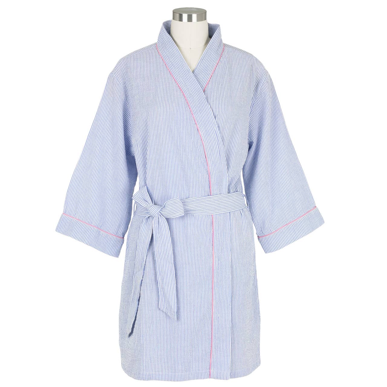 Blue Seersucker-Pink Kimono Robe