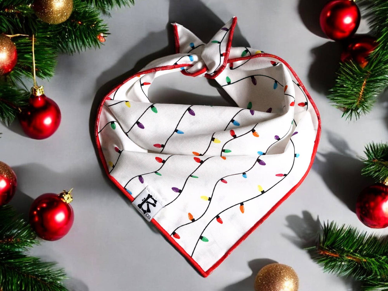 "Twinkling Lights" Red and White Christmas Dog Bandana