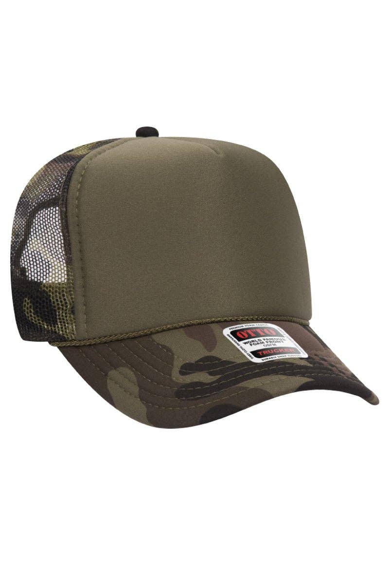 OTTO Camo with Olive Green Foam Front High Crown Trucker Hat