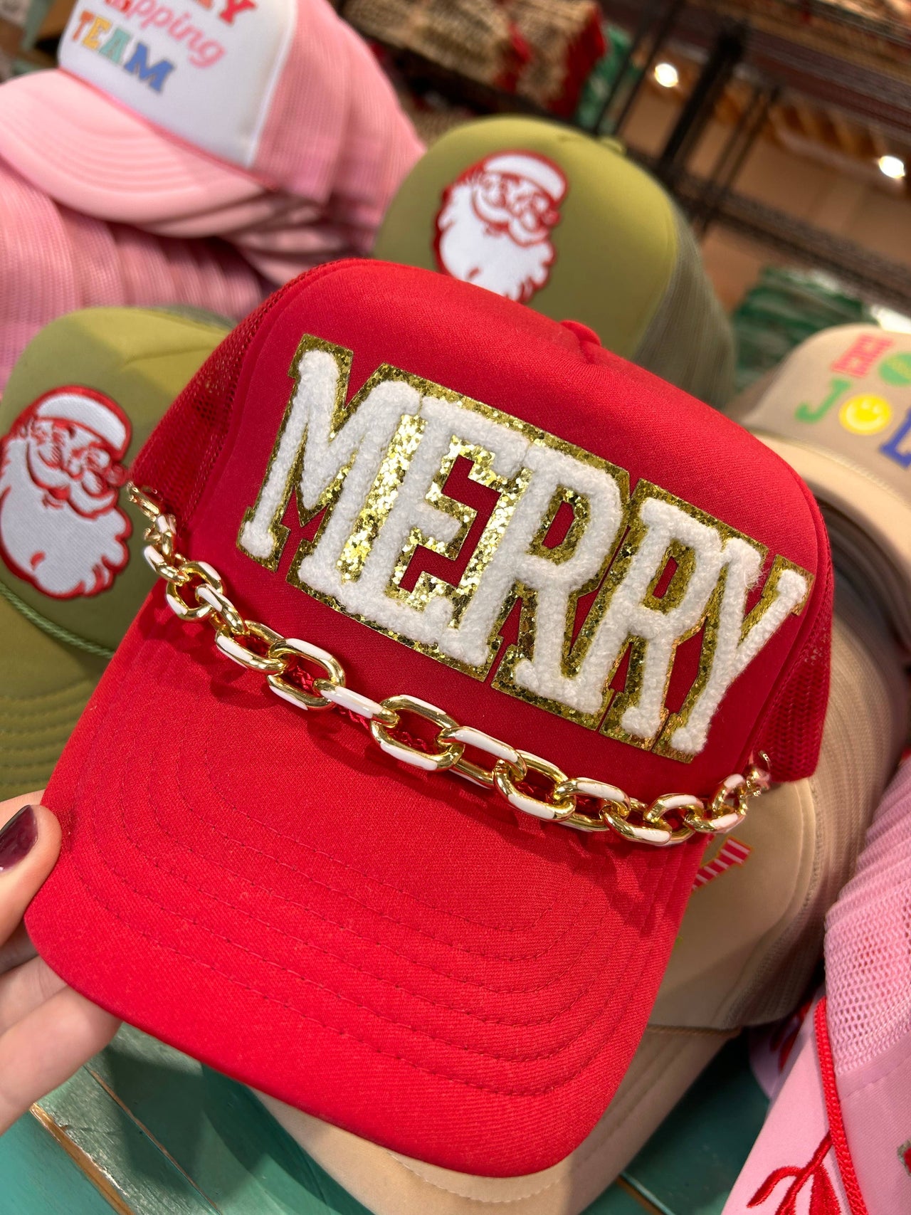 White Chenille Merry Trucker Hat