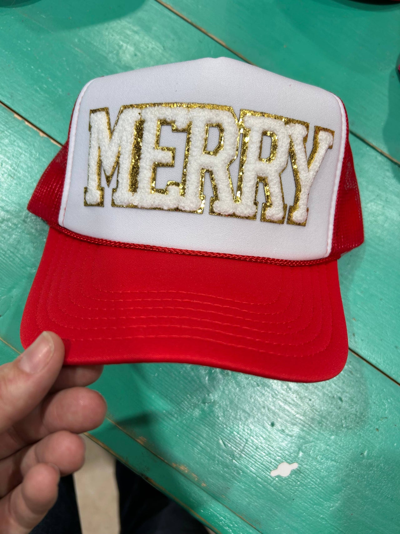 White Chenille Merry Trucker Hat