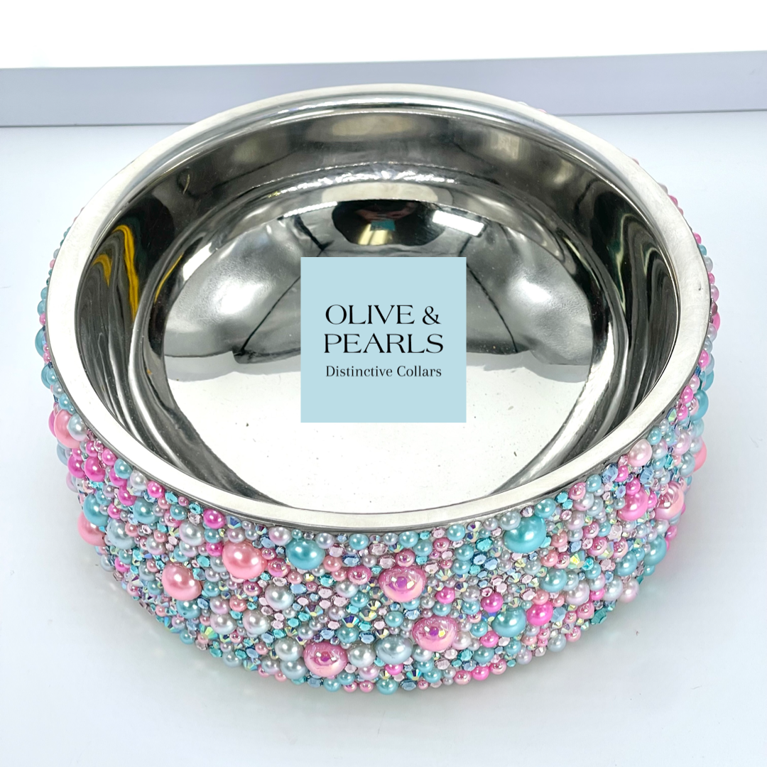 Modern Pearl and Rhinestone Pet Bowl